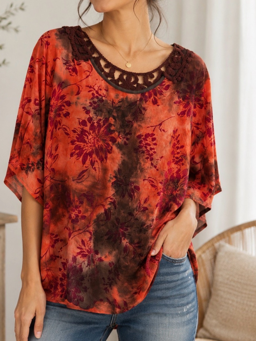 Sam & Jo 1X soft brushed velvet orange-brown crochet batik style boho tunic top